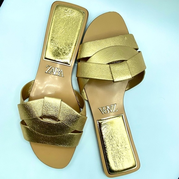 Zara Metallic Gold Cross Strap Women's Sandals Size EU 39 US8 - Picture 7 of 13